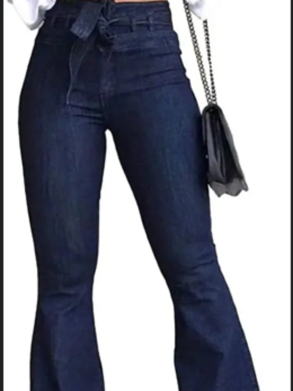 Pantete high waist flare bell retro stretch denim dark wash double button jeans